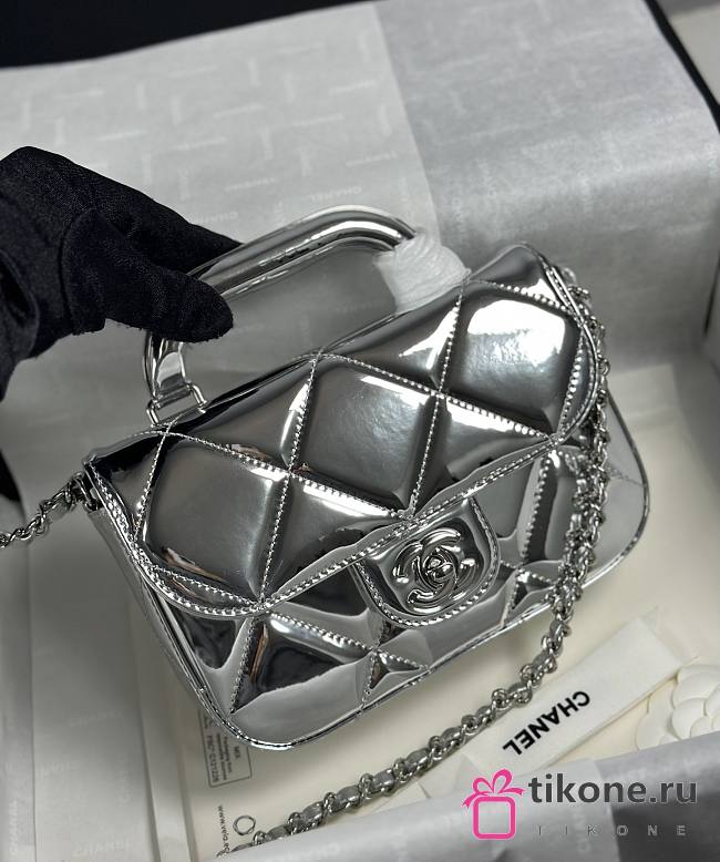 Chanel Mini Flap Bag with Top Handle Metallic Mirror Calfskin & Silver Tone Metal Silver - 18.5x13x4.5cm - 1