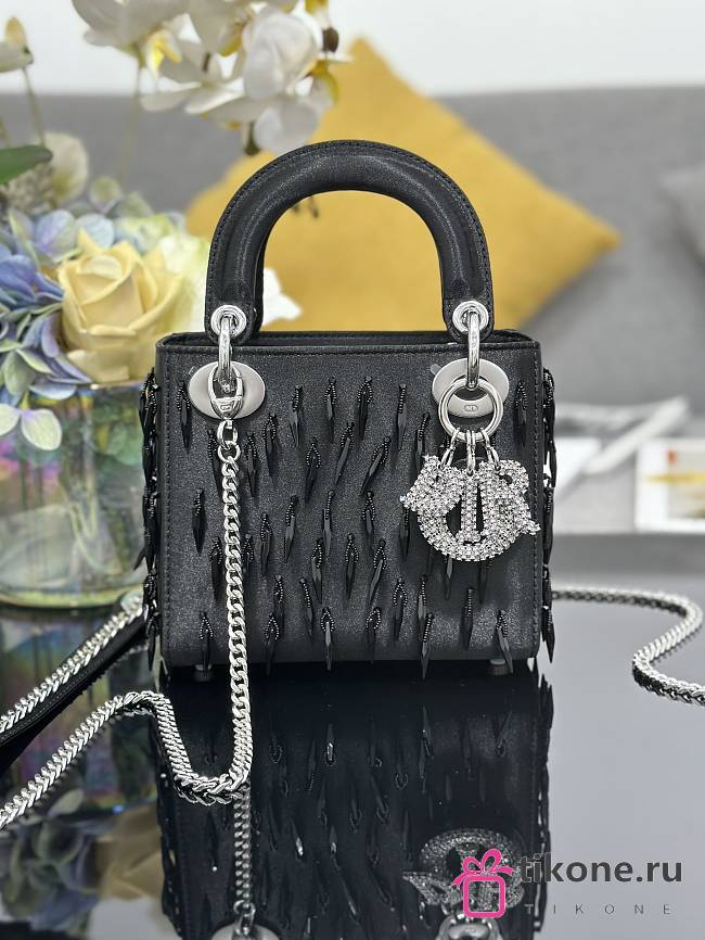 Lady Dior Black Satin with Beaded Embellishments & Rhinestone Charms - 17x15x7cm - 1