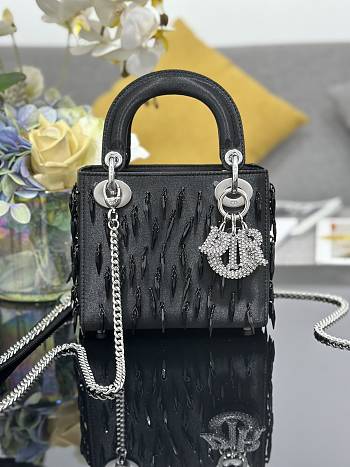 Lady Dior Black Satin with Beaded Embellishments & Rhinestone Charms - 17x15x7cm