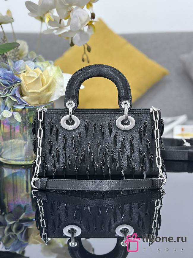 Dior Lady D-Joy Black Satin with Beaded Embellishments & Rhinestone Charms - 22x12x6 - 1