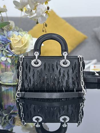 Dior Lady D-Joy Black Satin with Beaded Embellishments & Rhinestone Charms - 22x12x6
