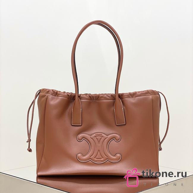 Celine Cabas Drawstring Triomphe Embroidery In Smooth Calfskin Tan - 44x28x18cm - 1