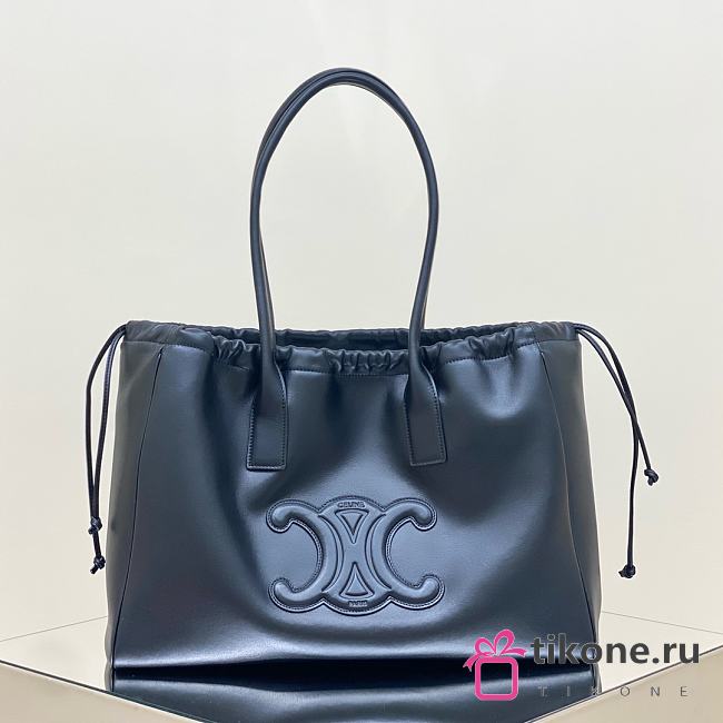 Celine Cabas Drawstring Triomphe Embroidery In Smooth Calfskin Black - 44x28x18cm - 1