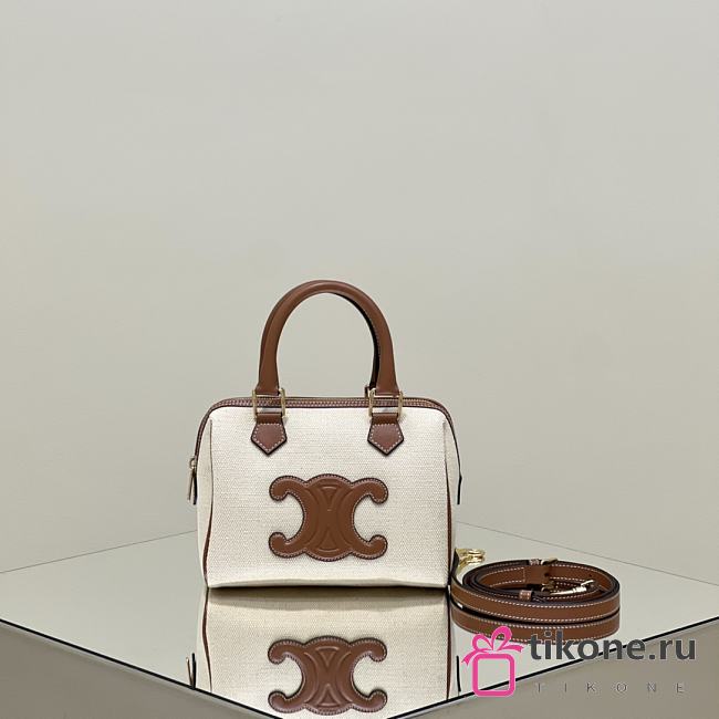 Celine Small Boston Cuir Triomphe In Textile And Calfskin With Gold Hardware Natural Tan - 19.5x14x7cm - 1