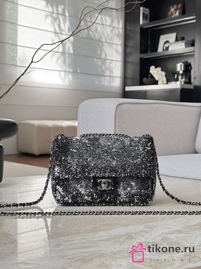 Chanel Flap Bag Quilted Gradient Sequins & Ruthenium Finish Metal Silver & Black - 21x14x8cm - 1