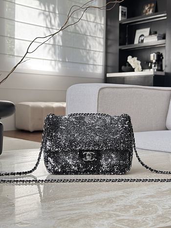 Chanel Flap Bag Quilted Gradient Sequins & Ruthenium Finish Metal Silver & Black - 21x14x8cm
