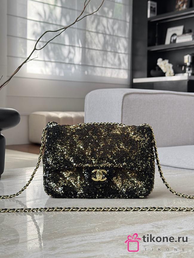 Chanel Flap Bag Quilted Gradient Sequins & Ruthenium Finish Metal Gold & Black - 21x14x8cm - 1