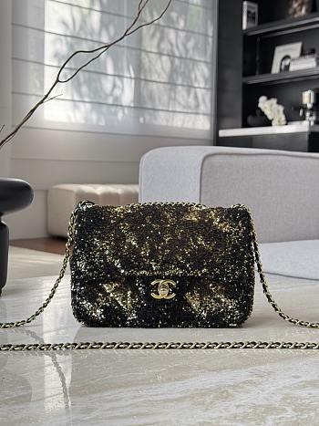 Chanel Flap Bag Quilted Gradient Sequins & Ruthenium Finish Metal Gold & Black - 21x14x8cm