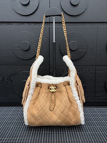 Chanel 25 Handbag Small Shearling Gold Metal Beige - 30x26x14cm