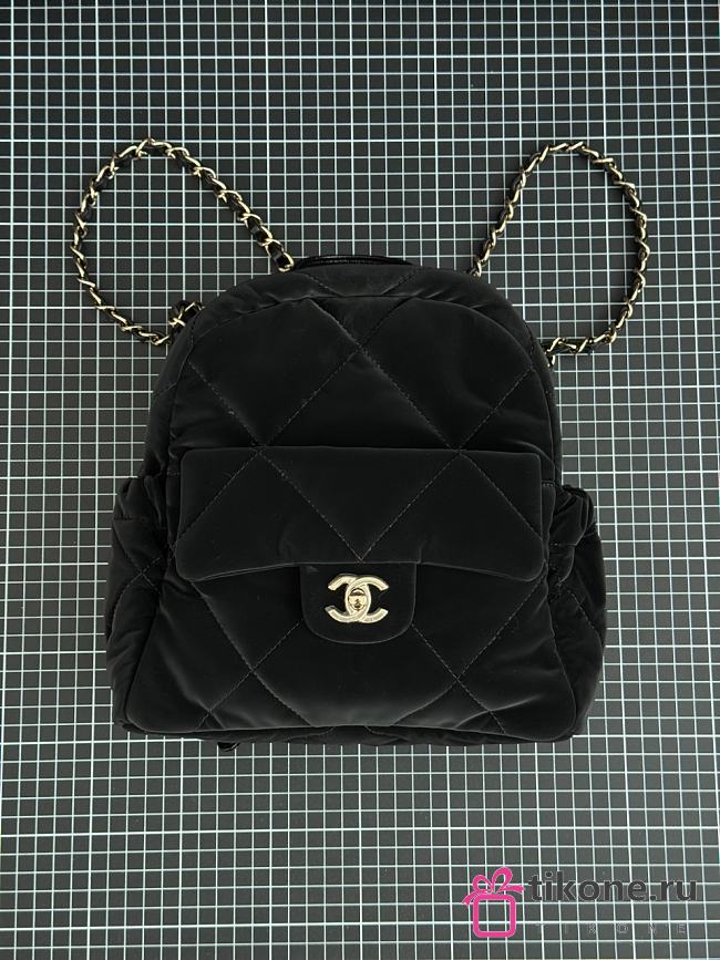 Chanel Backpack Velvet Effect Nylon Shiny Crumpled Calfskin & Gold Tone Metal Black - 22x22.5x8.5cm - 1