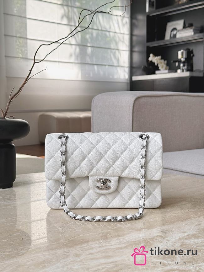 Chanel Classic White Caviar Silver Hardware Bag - 14.5x23x6cm - 1