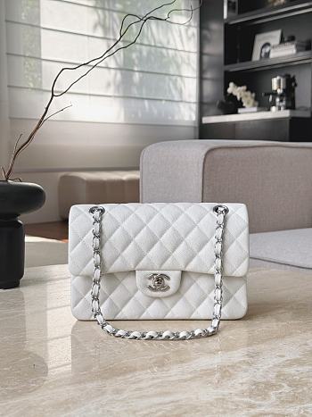 Chanel Classic White Caviar Silver Hardware Bag - 14.5x23x6cm