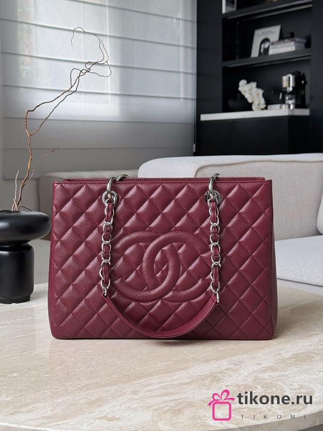 Chanel Quilted Caviar Leather Grand Shopper Tote Burgundy Silver Hardware - 33.5x24x12.5cm - 1