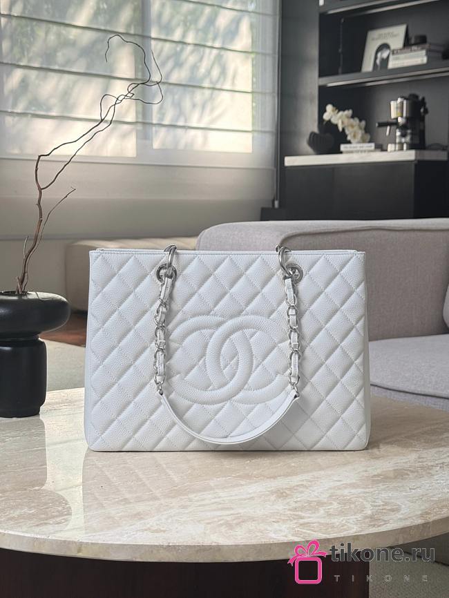 Chanel Quilted Caviar Leather Grand Shopper Tote White Silver Hardware - 33.5x24x12.5cm - 1