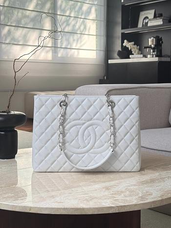 Chanel Quilted Caviar Leather Grand Shopper Tote White Silver Hardware - 33.5x24x12.5cm