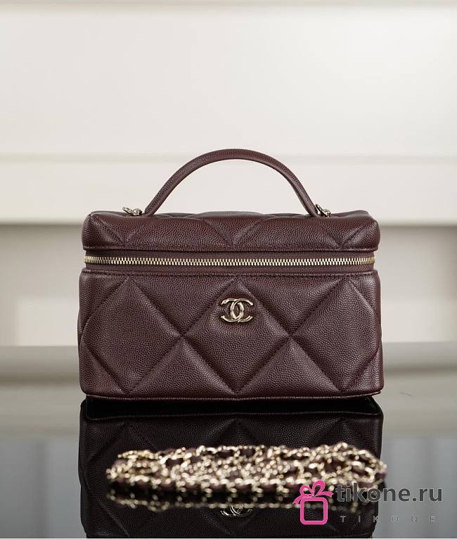 Chanel Vanity With Chain Grained Shiny Calfskin & Gold Tone Metal Dark Brown - 19.5x17x5cm - 1