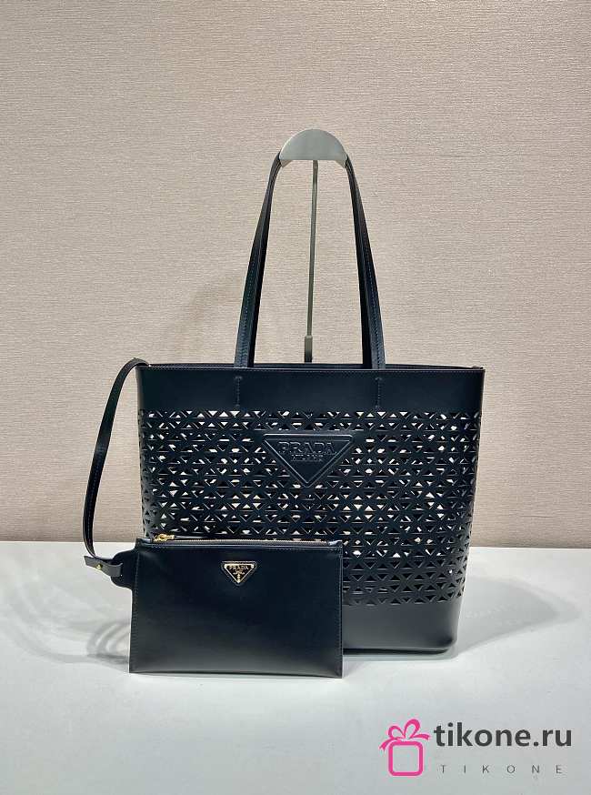 Prada Logo Perforated Leather Tote Bag Black 1BG503 - 32x29x13cm - 1