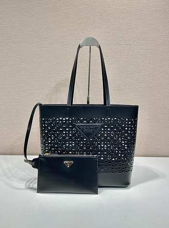 Prada Logo Perforated Leather Tote Bag Black 1BG503 - 32x29x13cm