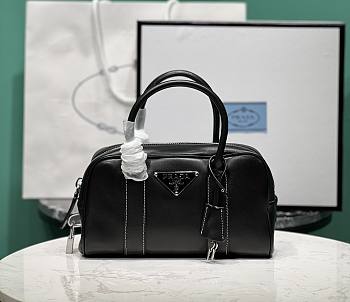 Prada Saffiano Leather Boston Bag Black with Contrast Stitching Black - 24x15x5cm
