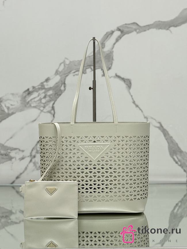 Prada Logo Perforated Leather Tote Bag White 1BG503 - 32x29x13cm - 1