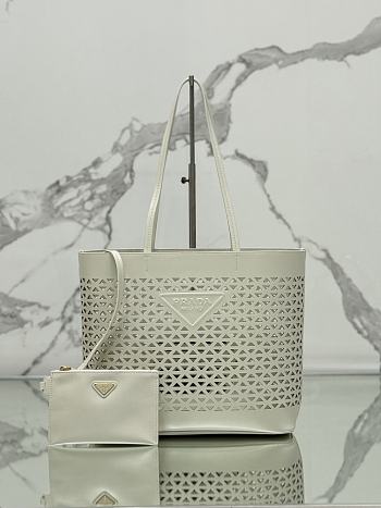Prada Logo Perforated Leather Tote Bag White 1BG503 - 32x29x13cm