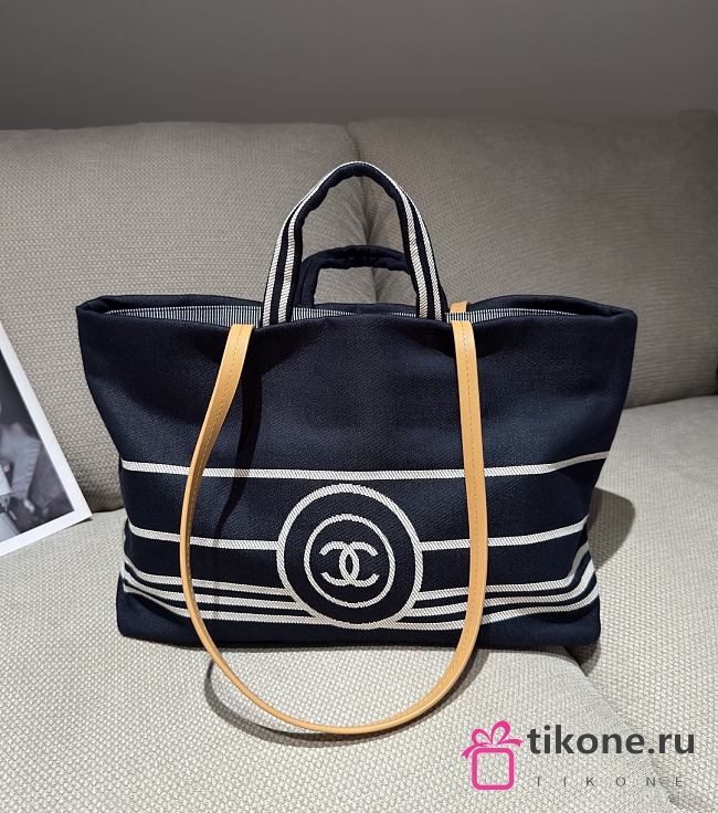 Chanel CC Shopping Tote Logo Stripes Dark Blue Brown Strap Bag - 38x29x15cm - 1