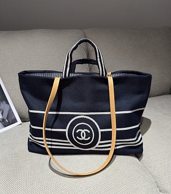 Chanel CC Shopping Tote Logo Stripes Dark Blue Brown Strap Bag - 38x29x15cm