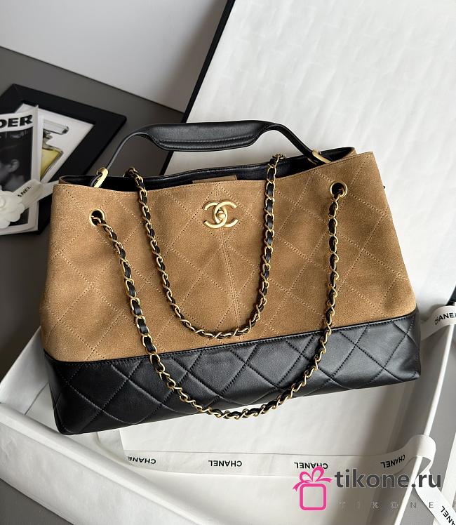 Chanel Small Tote Suede Calfskin Shiny Lambskin & Gold-Tone Metal Beige & Black - 36x24x14cm - 1