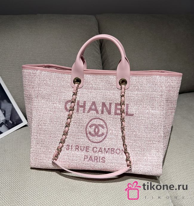 Chanel Deauville Shopping Bag Canvas & Gold Tone Metal Pink - 39x24x17cm - 1