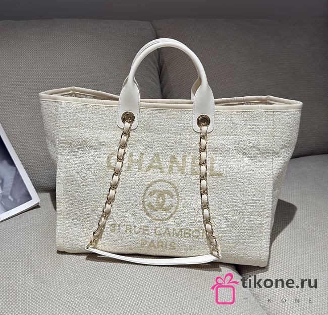 Chanel Deauville Shopping Bag Canvas & Gold Tone Metal Beige - 39x24x17cm - 1