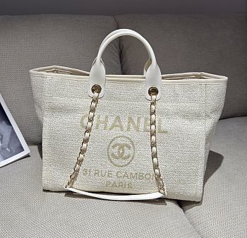 Chanel Deauville Shopping Bag Canvas & Gold Tone Metal Beige - 39x24x17cm