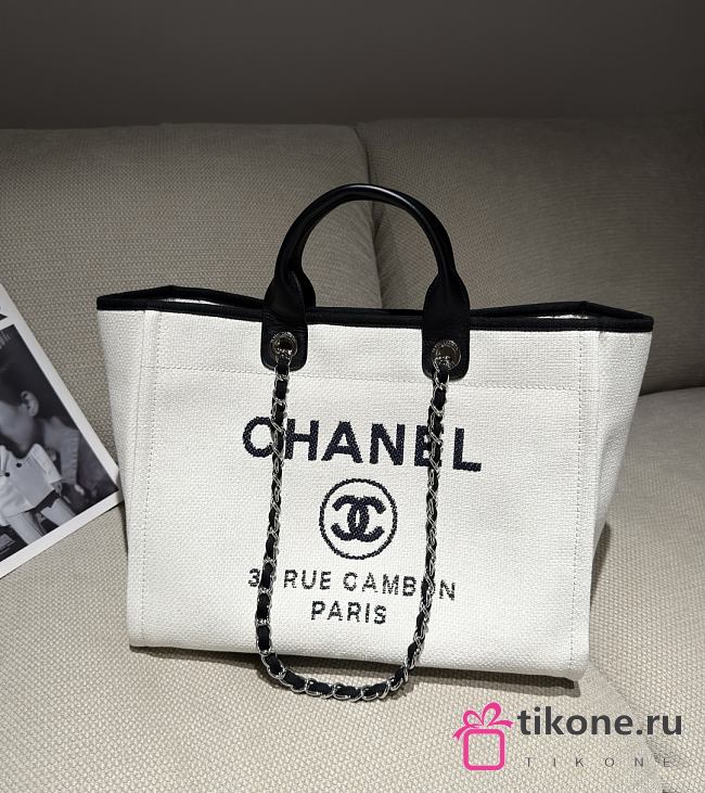 Chanel Deauville Shopping Bag Canvas & Gold Tone Metal White Black - 39x24x17cm - 1
