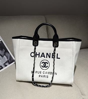 Chanel Deauville Shopping Bag Canvas & Gold Tone Metal White Black - 39x24x17cm