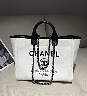 Chanel Deauville Shopping Bag Canvas & Gold Tone Metal White Black - 39x24x17cm - 6