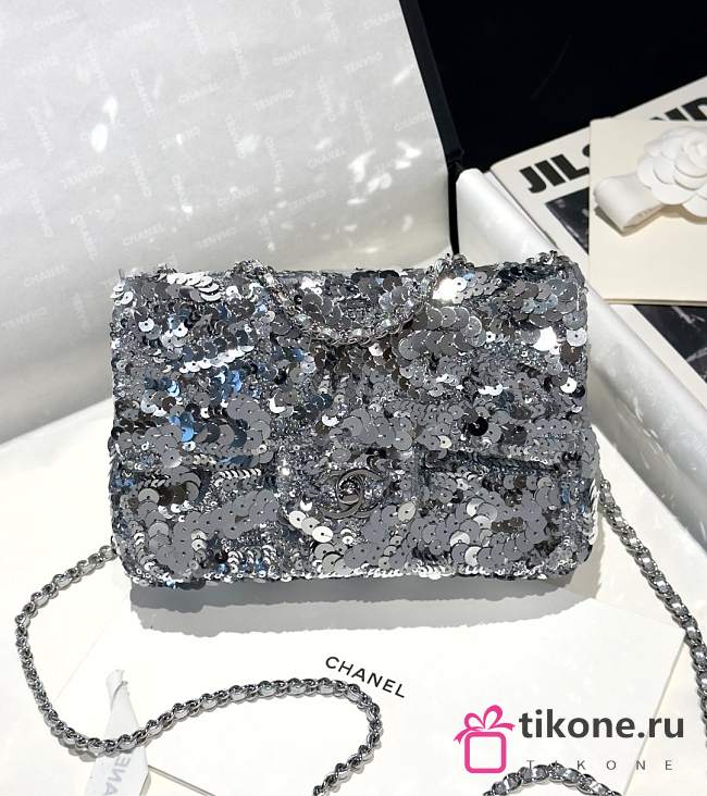 Chanel Flap Bag Sequins & Silver Tone Metal Silvery - 20x10x7cm - 1