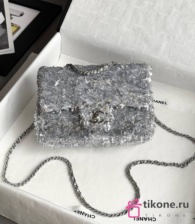 Chanel Flap Bag Quilted Sequins & Silver Tone Metal Silver - 20x10x7cm - 1