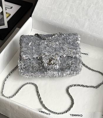 Chanel Flap Bag Quilted Sequins & Silver Tone Metal Silver - 20x10x7cm