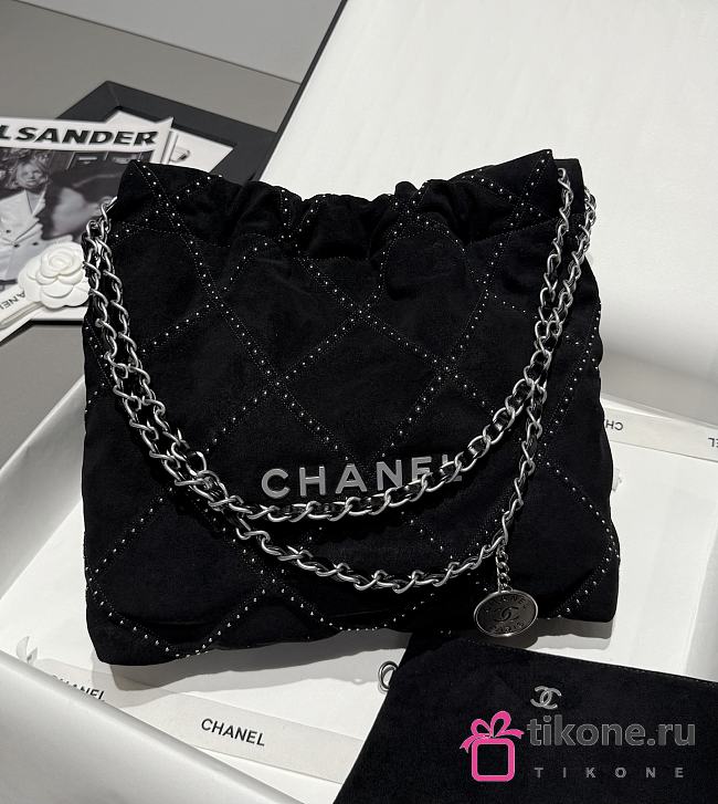Chanel 22 Small Handbag Suede Calfskin Studs & Silver Tone Metal Black - 37x35x7cm - 1