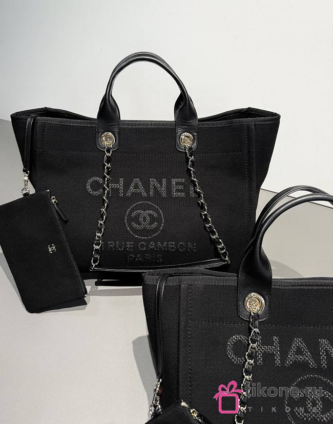 Chanel Deauville Shopping Bag Canvas & Gold Tone Metal Black - 39x24x17cm - 1