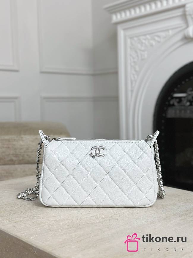 Chanel Pouch Shiny Grained Calfskin Strass & Silver Tone Metal White - 23x12x8cm - 1