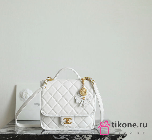 Chanel Backpack Grained Shiny Calfskin & Gold Tone Metal White - 19.5x22x7cm - 1