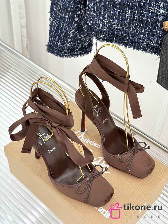 Christian Louboutin Cassia Lace Up 100mm Strappy Pumps Crepe Satin Dark Brown  - 1