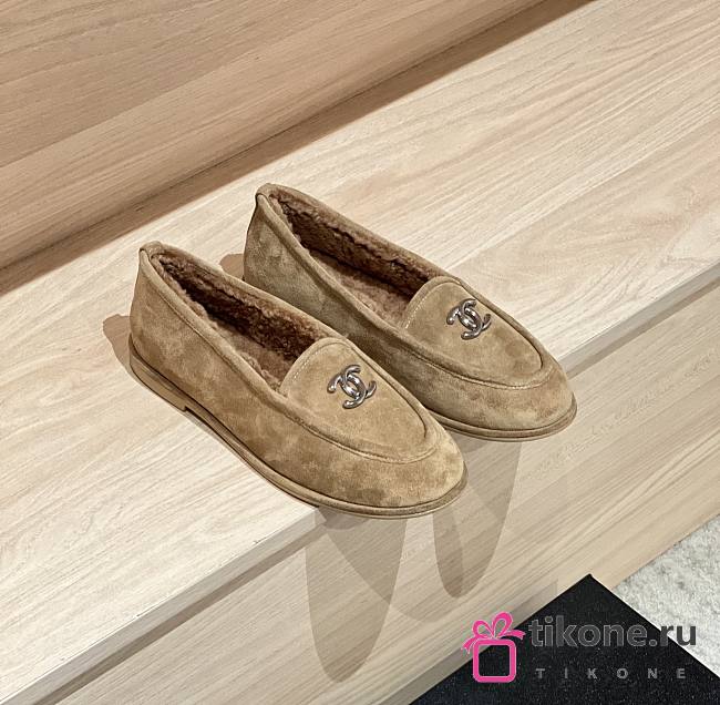 Chanel Moccasins Suede Silver Tone Metal Beige - 1