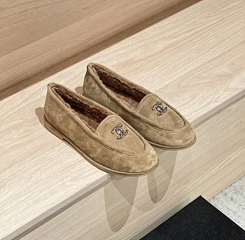 Chanel Moccasins Suede Silver Tone Metal Beige
