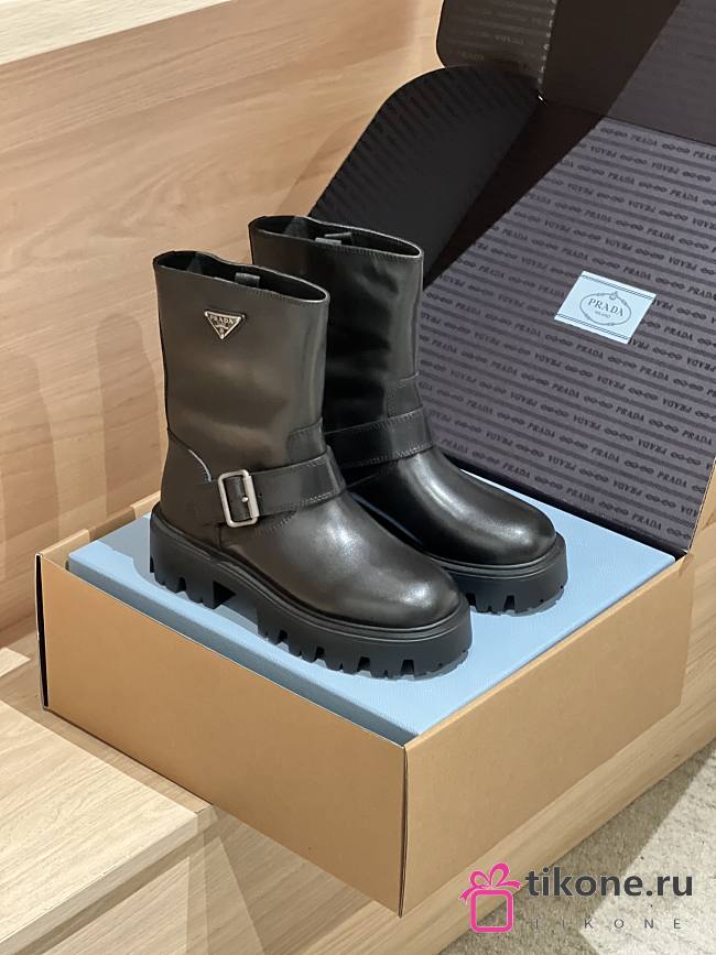 Prada Leather Booties Black Decorated With The Iconic Triangle Logo - 1