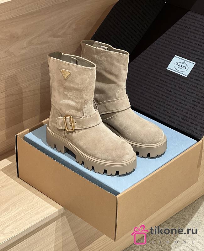 Prada Suede Booties Beige Decorated With The Iconic Triangle Logo - 1