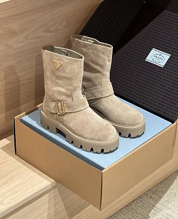 Prada Suede Booties Beige Decorated With The Iconic Triangle Logo