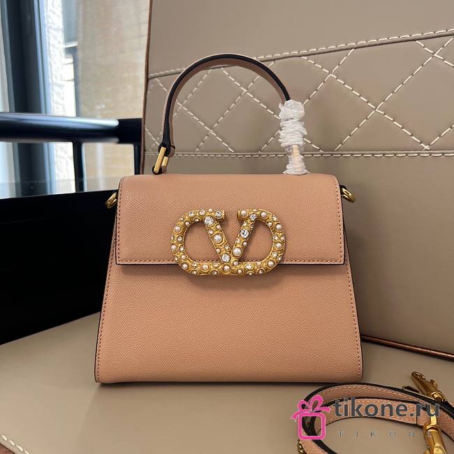 Valentino Garavani Vsling Small Handbag In Grainy Calfskin With Jewel Logo Rose Cannelle - 22x17x9cm - 1