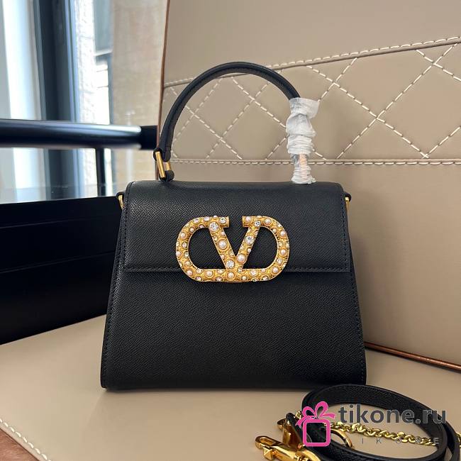 Valentino Garavani Vsling Small Handbag In Grainy Calfskin With Jewel Logo Black - 22x17x9cm - 1