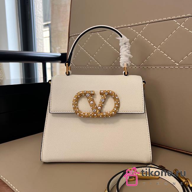 Valentino Garavani Vsling Small Handbag In Grainy Calfskin With Jewel Logo White - 22x17x9cm - 1